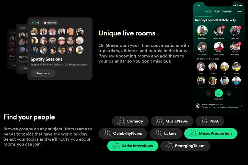 Spotify lance Greenroom, un concurrent de Clubhouse et Twitter Spaces
